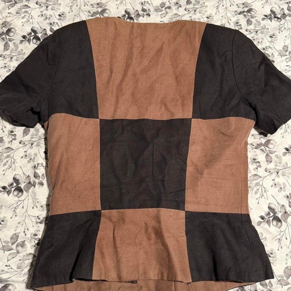 Vintage 80s Linen Button up Colorblock Blouse size medium - Picture 3 of 7